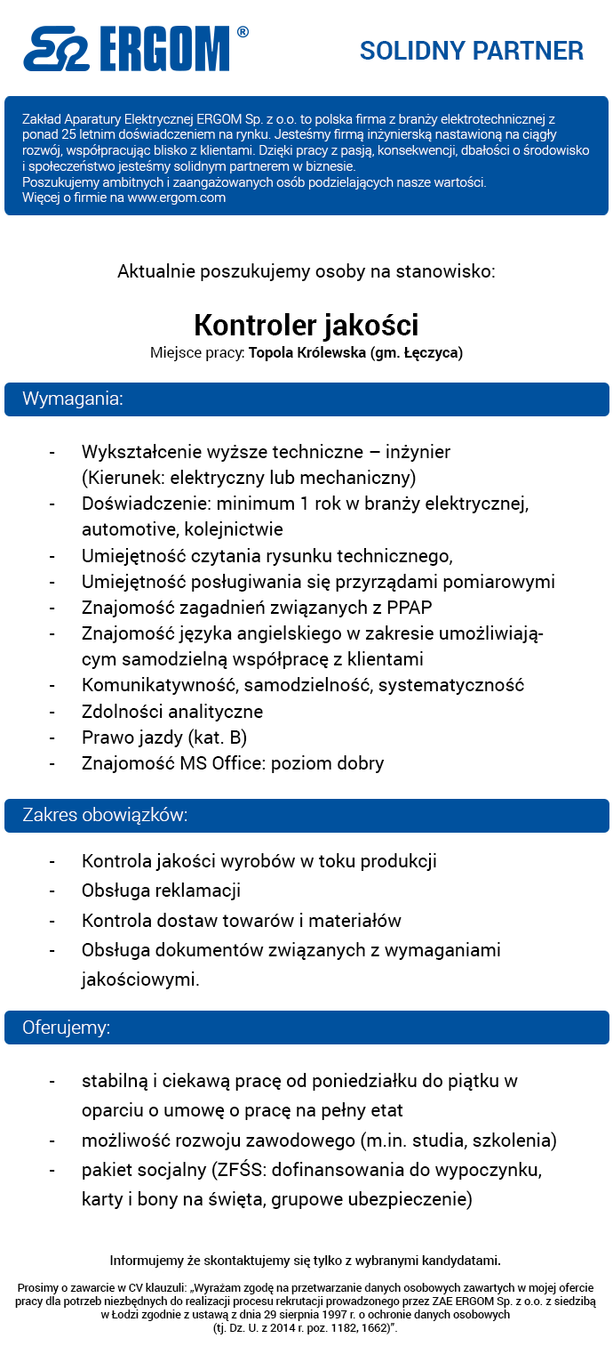 Praca Kontroler Jakości Topola Królewska Pow łęczycki